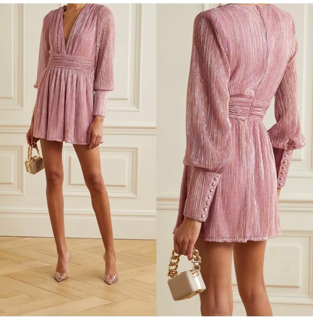 Retrofete Dani Pink Gold Lurex Long Sleeve V-Neck Mini Dress Size Small